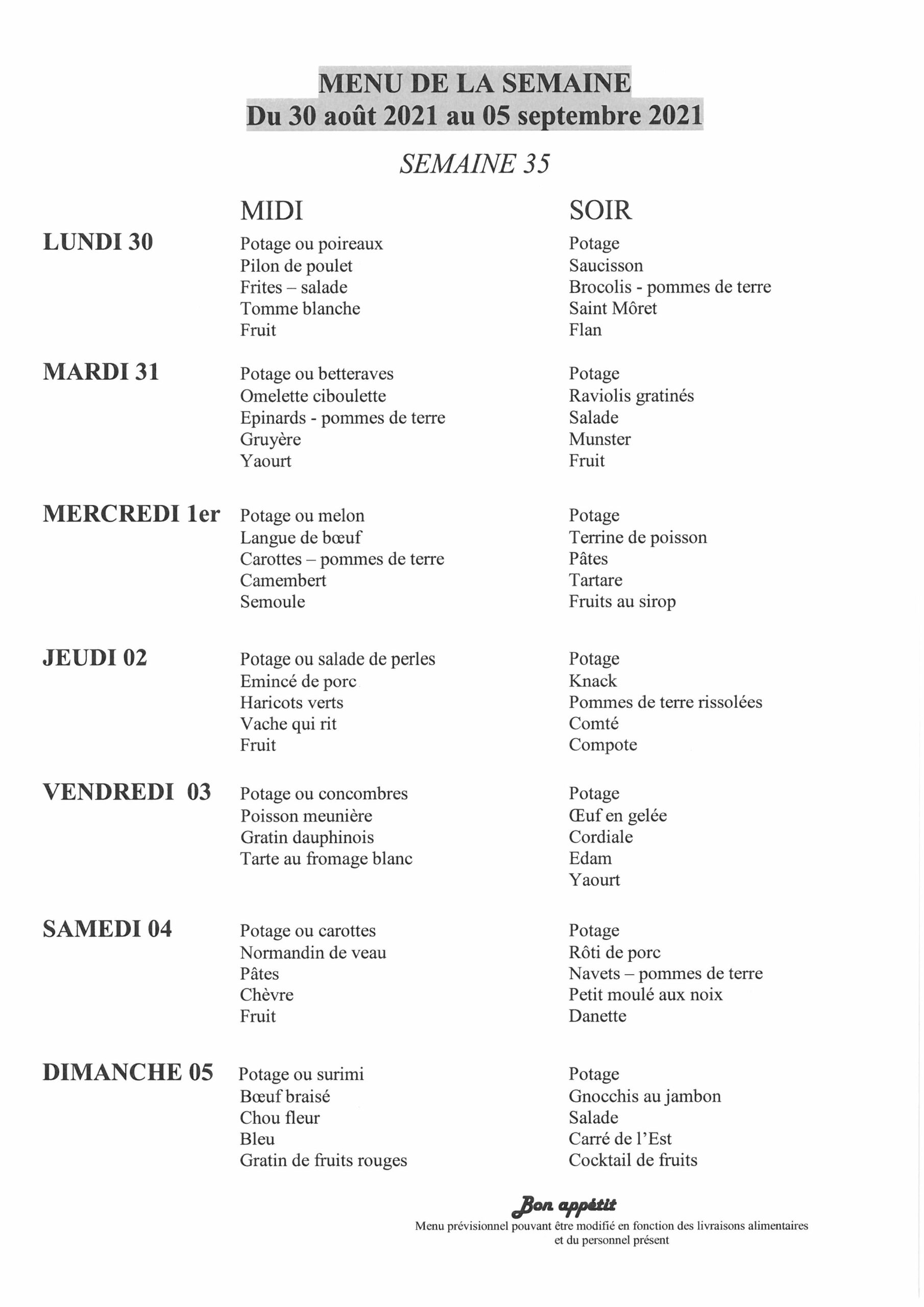 Menu De La Semaine – Maison De Retraite D'Eloyes