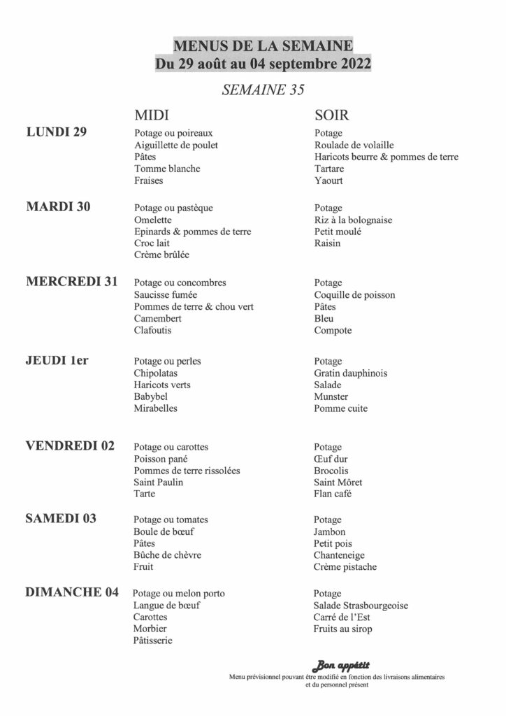 Menus de la semaine – Maison de retraite d'Eloyes